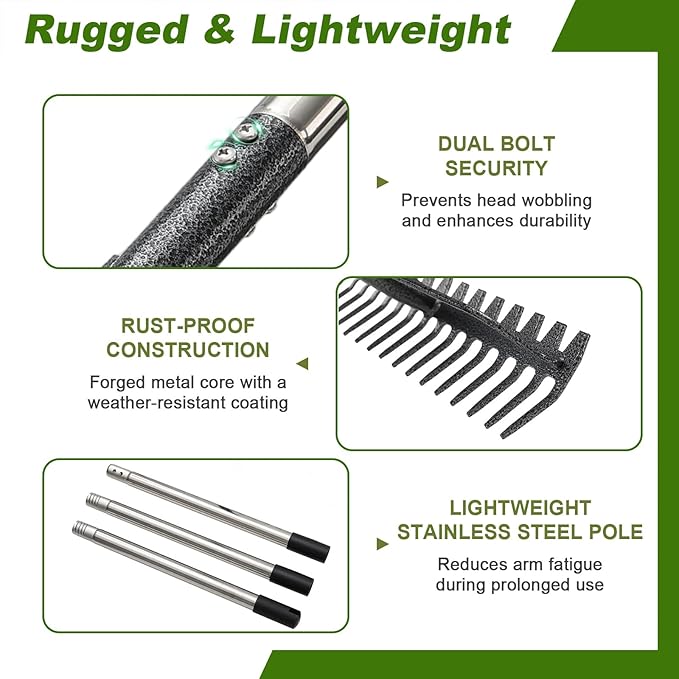 Bow Rake, 79" Heavy Duty Garden Rake with Wide 17 Tines Head & Stainless Steel Handle, Adjustable Rakes for Lawns Yard Loosening Soil Thatching Gathering Leaves Gravel