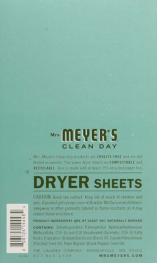 Mrs. Meyer's Clean Day Dryer Sheets, 80 Count (Basil, Pack of 3)