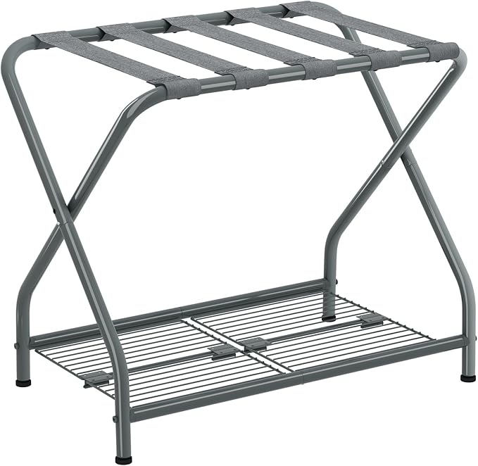 1-Piece Foldable Gray Luggage Rack Stand with Storage Shelf – Heavy Duty Metal Suitcase Holder, 150 lbs Top, 50 lbs Bottom, Fits 20”-28” Luggage – Guest Room, Bedroom, Hotel LR-GY-1