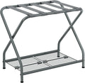 1-Piece Foldable Gray Luggage Rack Stand with Storage Shelf – Heavy Duty Metal Suitcase Holder, 150 lbs Top, 50 lbs Bottom, Fits 20”-28” Luggage – Guest Room, Bedroom, Hotel LR-GY-1