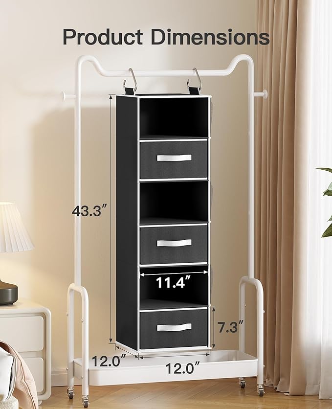 Pipishell Hanging Closet Organizer 6-Shelf, Hanging Shelves for Closet with 3 Removable Drawers & Side Pockets for Bedroom, Garment Rack and Wardrobe Organization, 12' x 12' x 43.3', Black