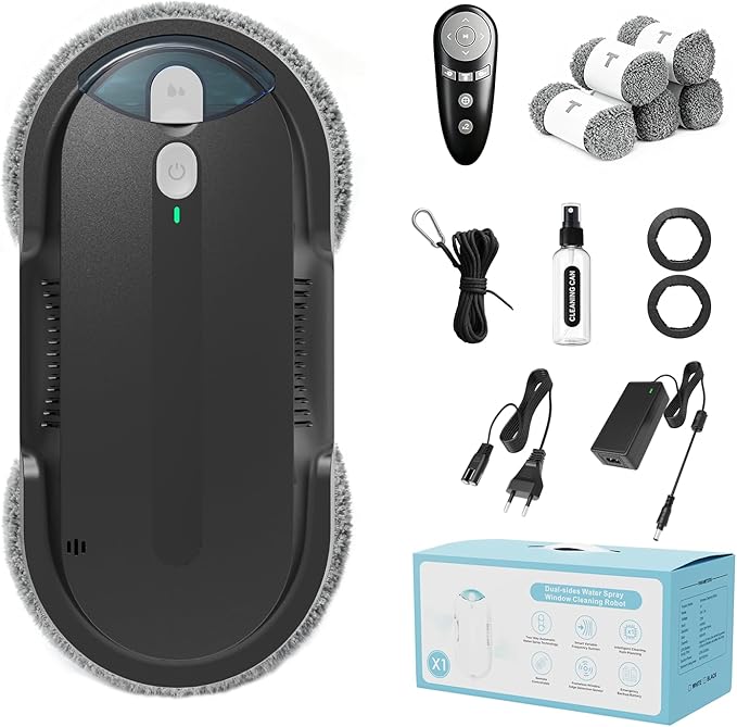 Window Cleaning Robot – 2400-3200Pa Suction, Dual Ultrasonic Spray, 85ml Tank, Edge Detection, Anti-Drop, 3 Cleaning Modes for Streak-Free Glass(Black)
