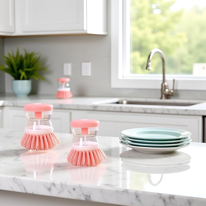 2Pcs Pink Dish Brush with Soap Dispenser,Soap Dispensing Brush, Kitchen Brush,Dish Pot Pan Sink Cleaning, Dish Brush Washing Utensils,Washing Up Liquid Soap Dispenser,Soap Dispensing Dish Brush