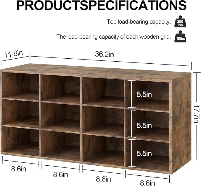Garden 4 you Shoe Storage Bench, Cubby Shoe Rack with 12 Cubbies, 3-Tier Wood Shoe Rack Organizer, Shoe Organizer Cabinet for Entryway, Hallway, Closet and Garage, Brown