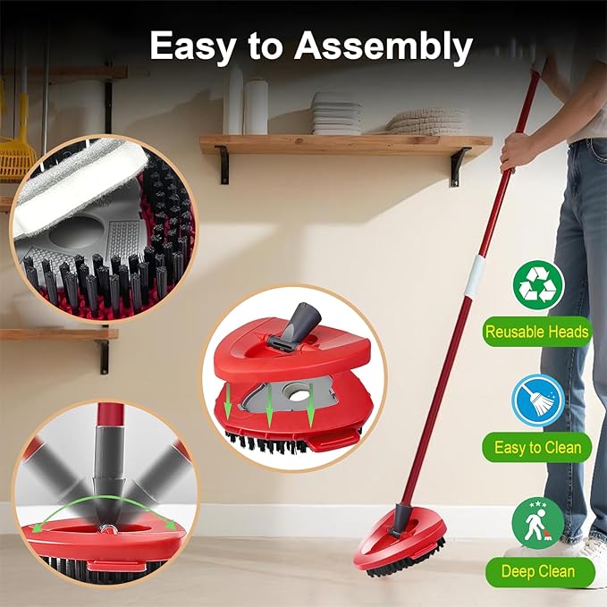 Scrubber Mop Head Replacement for O-Cedar EasyWring 1-Tank: Upgraded Dual-Action Bristles & Scouring Pad for Deep Cleaning Floors, Corners, Tile, Grout - 1 Scrub Brush & Base, 2 Sponge Pads