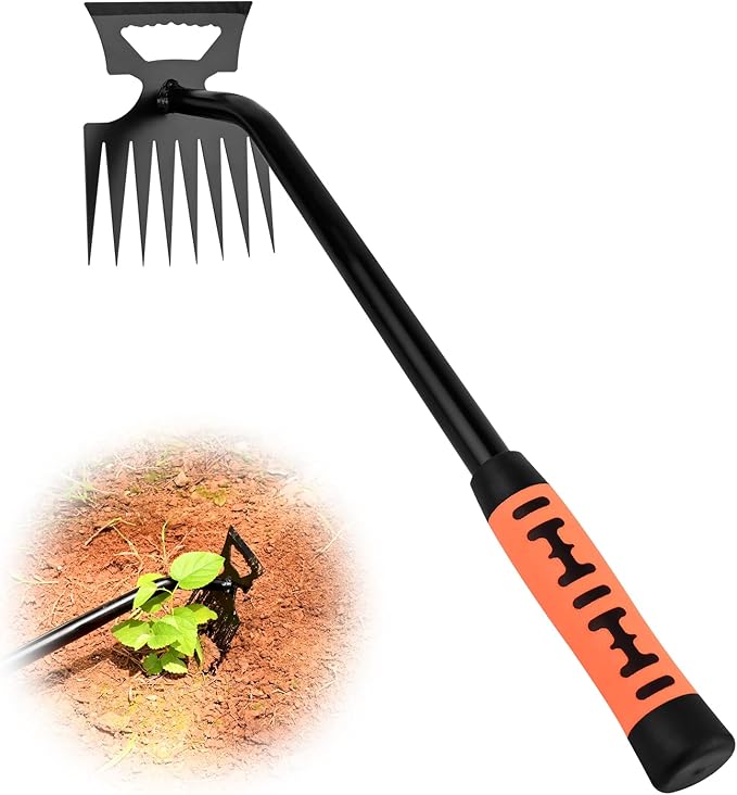 Portable Weed Removal Tool - 8-Prong Manganese Steel with Black Baked Rust-Proof Coating for Garden Lawn Farm, Non-Slip Rubber Handle