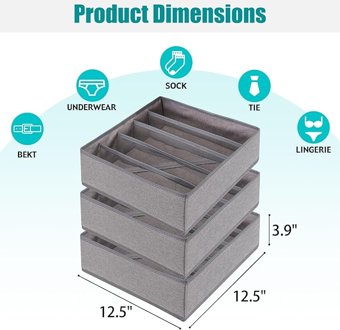 Bra Storage Drawers Organizer for Clothing Underwear Drawer Organizer Dividers Foldable Storage Cube Bins for Bra,Socks, Underwear,3 Pack （Grey）