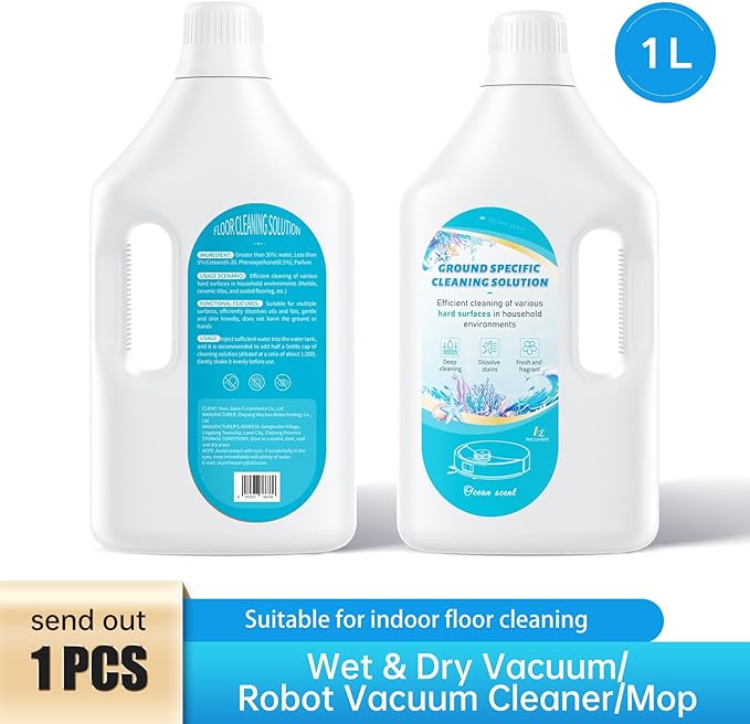 1L Fresh Ocean Floor Cleaning Solution Compatible with Roborock/Eufy/iRobot/Ecovacs/Dreame/Shark, Fragrance Deodorization, Deep Cleans for Multiple Hard Floors, Suitable With All Robot Vacuum