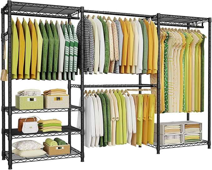 Ulif E1 Heavy Duty Closet Garment Rack, 6 Tiers Adjustable Metal Freestanding Expandable Clothing Storage with 4 Hanger Rods, Easy to Assemble Wardrobe, 71.4" H x (70" - 88.2") L x 14" D, Black