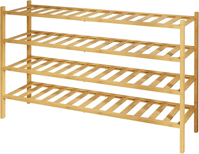 Kitsure Bamboo Wooden Shoe Rack for Closet - Stackable Shoe Organizer with Modular Structure, Space-Saving Shoe Shelf for Entryway, Living Room, Bedroom, 32.7" Wide - 4 Tiers, Natural