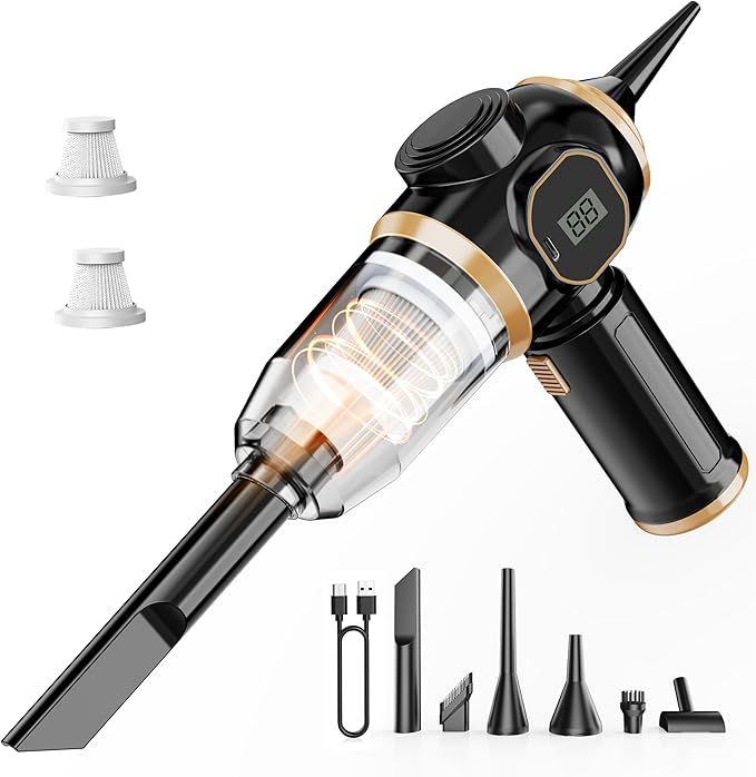 Brushless Motor Portable Cordless Car Vacuum Cleaner – 25000 Pa High Power, LCD Display, Rechargeable Handheld Vacuum for Car, Home, Office | Efficiently Removes Pet Hair, Sofa (Black & Gold)