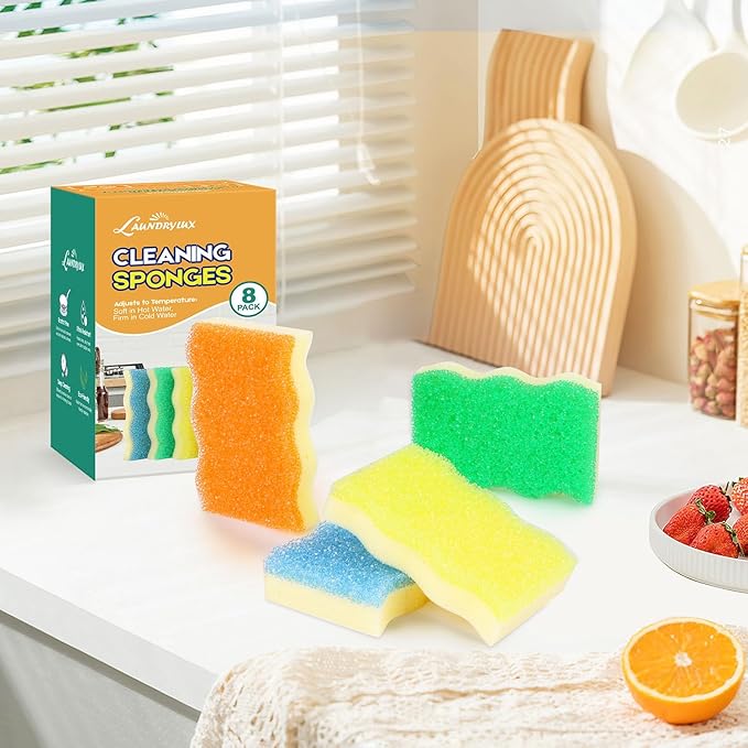 Scrub Sponge, 8 Pack Dual-Sided Temperature-Responsive Scrubber - Non-Scratch - Multipurpose Dish Sponges for Kitchens, Bathrooms, and Outdoor Use - Wave-Shaped