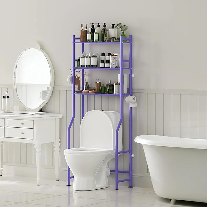 3-Tier Over The Toilet Storage Organizer, Space-Saving Bathroom Rack with Paper Holder & 4 Hooks, 64" Tall Freestanding Carbon Steel Shelf for Small Apartment Laundry Room (Purple)