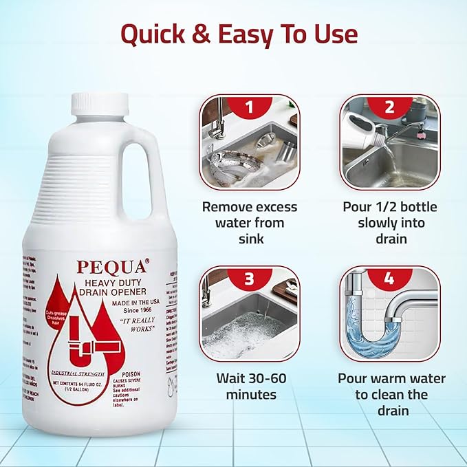 PEQUA INDUSTRIES 64 oz Pequa Heavy Duty Drain Opener - Powerful, Non-Acid, Fast-Acting Formula, Safe for All Pipes, Industrial strength Drain Cleaner for Sinks, Tubs, Septic Tanks (Pack of 4)
