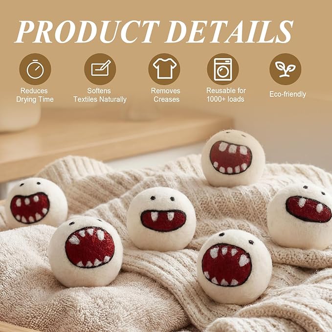 Soulchen 6 Pack Reusable Wool Dryer Balls with Cute Design, Laundry Accessories for Efficient Drying Soften Laundry Reduce Wrinkles Static Pet Hair Remover(Monster)