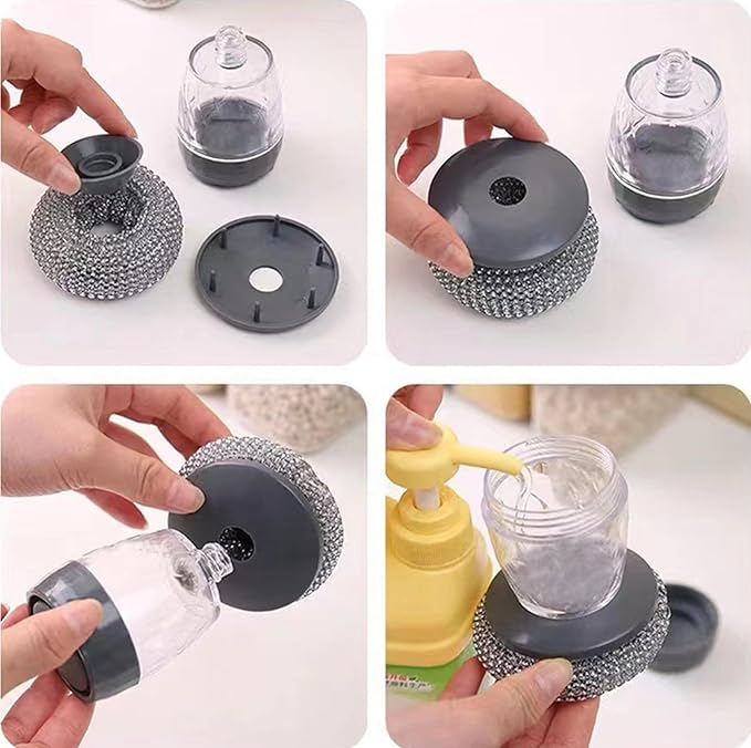 Dispensing Steel Wool Scrubber, Heavy Duty Stainless Scouring Pad with Dispenser, Brush with Soap Dispenser, Steel Sponge Scourer for Kitchen, Dishes, Pan, Stove, Grill, Cast Iron 1+4