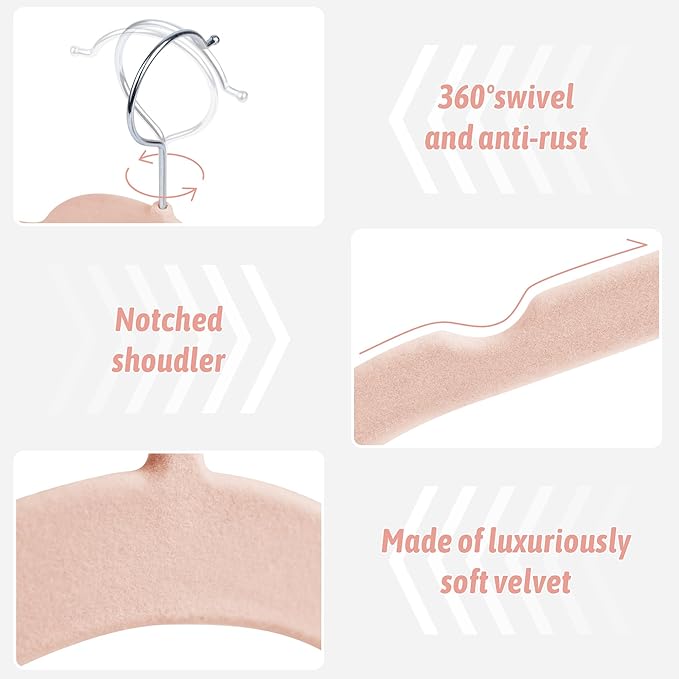 Sishynio Premium Velvet Shirt Hangers 50 Pack, Non-Slip 360° Swivel Hook Space-Saving Felt Hanger, Slim Flocked Hangers for Blouses, Strappy Dresses, Tank Tops(Pink)