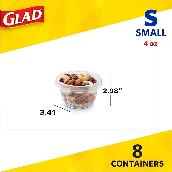 Glad GladWare Mini Round Food Storage Containers with Lids, Small BPA Free Reusable Plastic Snack Containers with Lock Tight Seal for Lunch, Portion Control, and On the Go, 4 Oz, 8 Count - 12 Pack