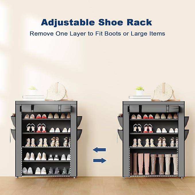 Mavivegue Shoe Rack with Cover, 5 Tier Shoe Organizer for Entryway, Shoe Storage for Front Door Entrance, Closet, Garage, Grey