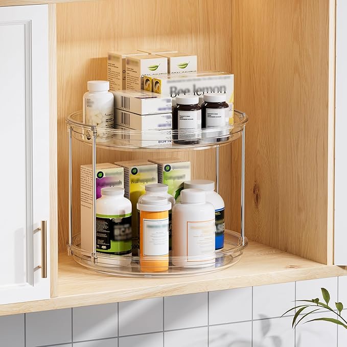LAMU 3 Pack 10.6'' 2-Tier Lazy Susan Turntable Organizer Rotating Spice Rack Organization for Cabinet, Kitchen, Pantry, Countertop, Bathroom, Vanity, Makeup Organizer, Clear