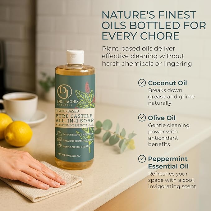 Dr. Jacobs Naturals Peppermint Castile All-in-One Cleaner and Soap - Plant-Based Formula for House Cleaning Floors and Appliances - Gentle on Skin and the Planet - 32 oz, 1 Pack