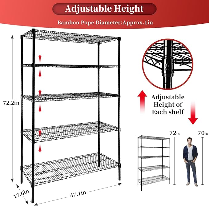 SUNLPH Heavy Duty 5-Tier Wire Shelving Adjustable Shelves Unit Metal Storage Rack Flat for Laundry Kitchen Pantry Garage Closet Organization (Black, 47.1" L x 17.6" W x 72.2" H)