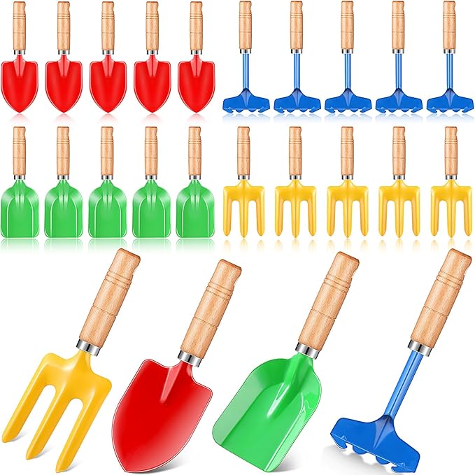 8" Kids Gardening Tools, Metal Beach Sandbox Digging Toys with Wooden Handle, Including Shovel, Rake, Fork and Trowel, Garden Sand Snow Tools for Children Gift Outdoor Gardening(24 Pcs)