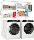 ULIFHOME U14 Medium Over the Washer and Dryer Shelves, 4 Tiers Laundry Room Storage and Organizer System, Space Saving Clothes Drying Rack with 2 Clothes Hanger Rods, 57.8"W x 20.5"D x 77.4"H, White