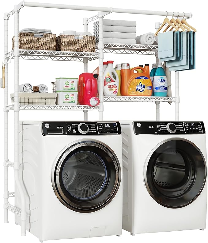 ULIFHOME U14 Medium Over the Washer and Dryer Shelves, 4 Tiers Laundry Room Storage and Organizer System, Space Saving Clothes Drying Rack with 2 Clothes Hanger Rods, 57.8"W x 20.5"D x 77.4"H, White