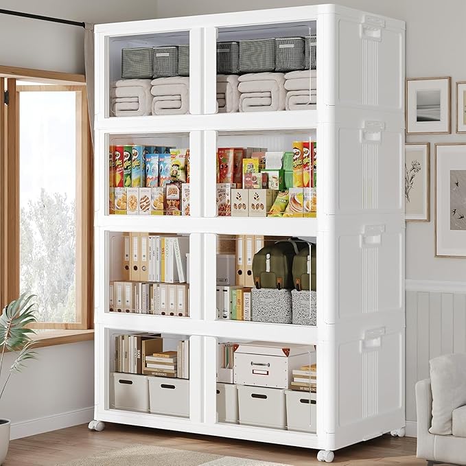 800Qt Stackable Storage Bins with Lid and Wheels, 200Gal Plastic Closet Organizer and Storage Drawer, Large Collapsible Storage Box Cabinet with Clear Door for Home Kitchen Office, 4Pack White