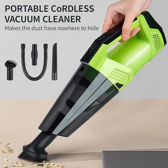 Cordless Car Vacuum: Portable Handheld Vacuum with LED Light, High Power Suction, Lightweight Rechargeable Hand Vacuum Cleaner for Car, Home, Office, and Pet Hair - Green