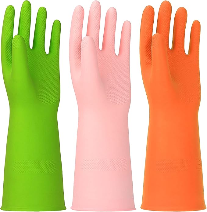 3 Pairs Rubber Cleaning Gloves Latex Free Dishwashing Gloves - 13" Reusable Nitrile Gloves Small, Green+Pink+Orange
