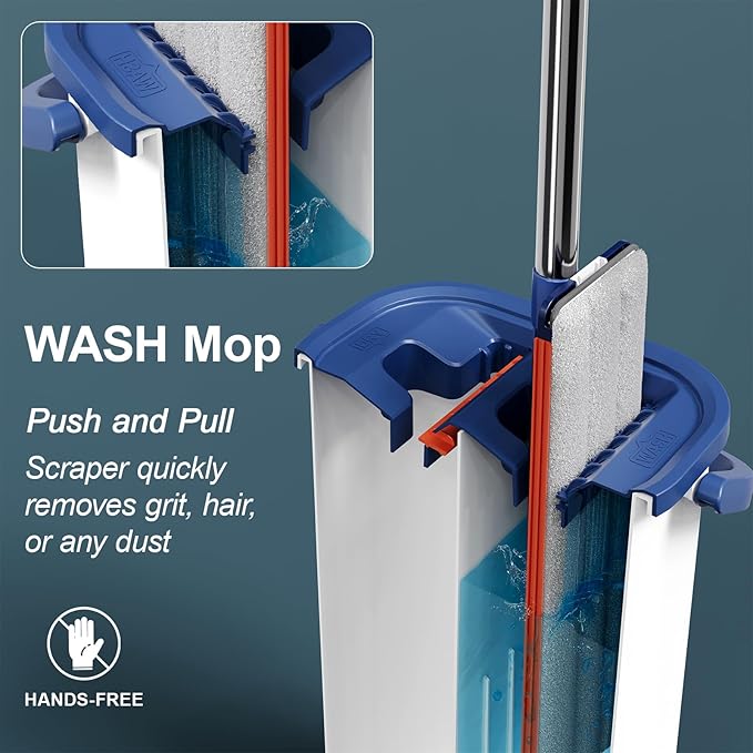 Large Mop and Bucket System with Wringer Set, Hands-Free Flat Mops for Floor Cleaning, Mopping Bucket System with 8 Washable Microfiber Pads for Wet and Dry Use, Home Windows and Wall Cleaner Mop
