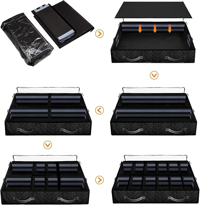 Under Bed Shoe Storage Organizer, Set of 2, Sturdy Structure, Adjustable Dividers, Reinforced Handle, Sturdy Zipper, Underbed Storage Solution with Clear Window, Breathable, Black