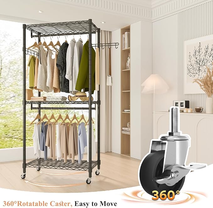 Heavy Duty Rolling Garment Rack, 3 Tiers Wire Shelves Adjustable Freestanding Portable Rolling Clothing Rack with Lockable Wheels, 29.5''L x 15.8''W x 78.8''H, Max Load 400 LBS