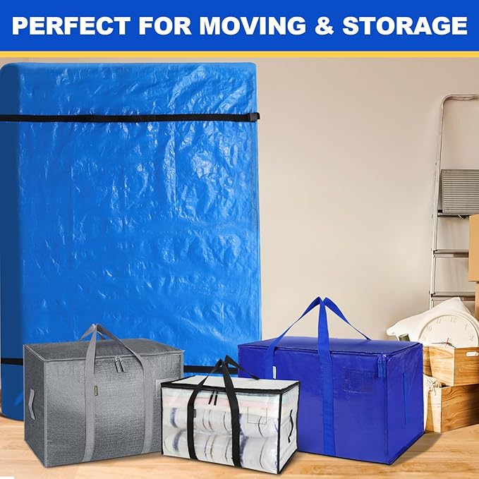 TICONN Mattress Bags for Moving, Heavy Duty Cali King Mattress Cover Storage Bag with Full-Around Handle and Adjustable Buckles (Blue, Cali King)