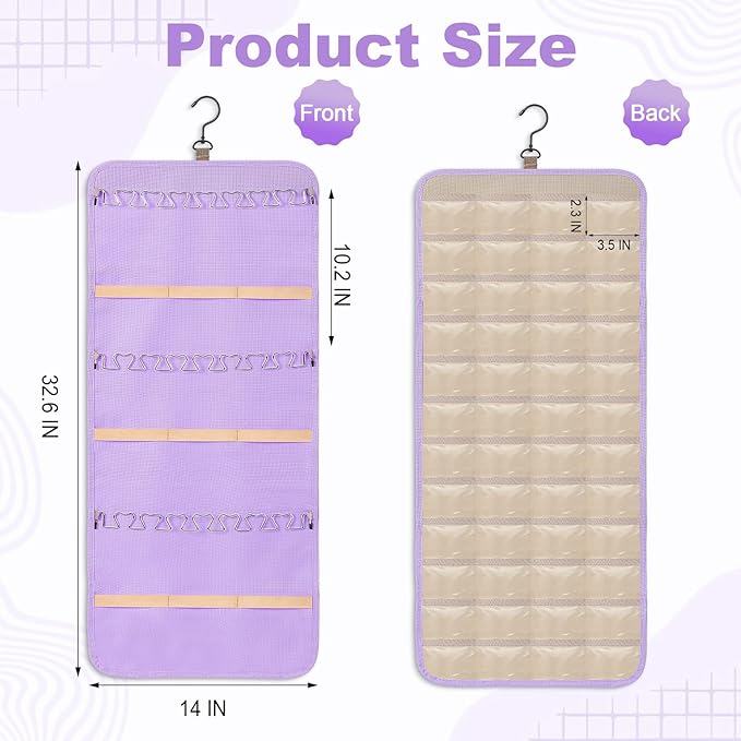 Dynoro Double-Sided Hanging Jewelry Organizer, Lavender Storage Roll for Earrings, Necklaces, Rings, 48 Pockets 21 Hooks, Durable Oxford Fabric for Closet, Wall, Door, 1 piece, Jewelry Not Included