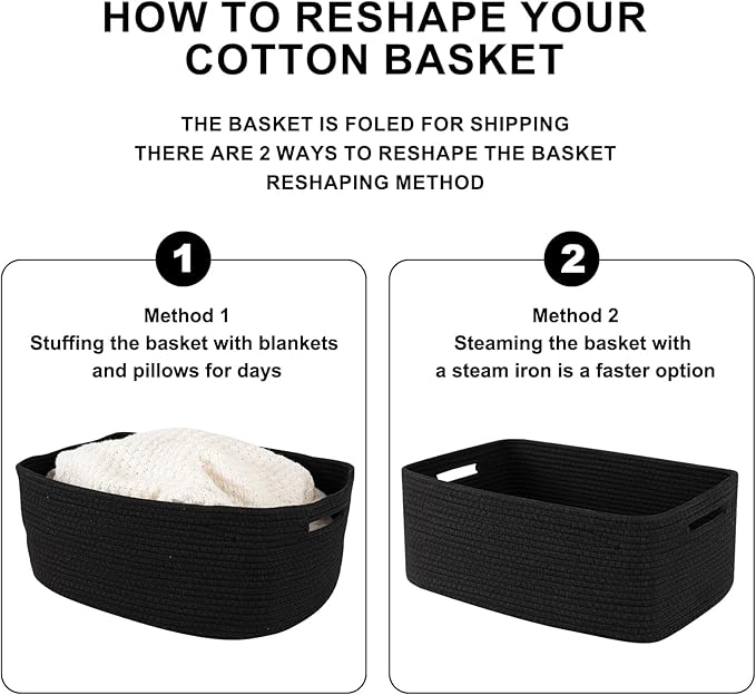 Large Storage Basket for Organizing, Woven Rope Basket for Shelves, Closet Organizer Bins for Clothes, Blanket, Toys, Baby Nursery Storage, 17.7" x 13" x 7.87", 2 Packs Black