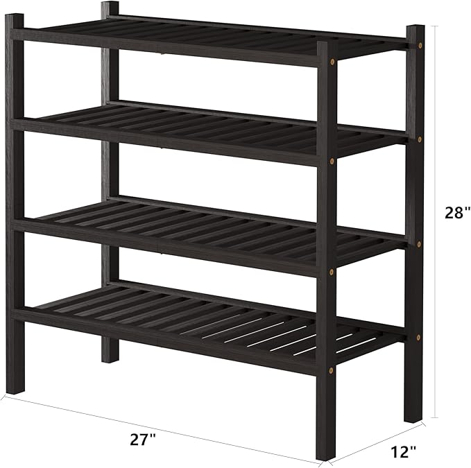 ROMGUAR CRAFT 4 Tier (Thick) Bamboo Shoe Rack for Closet Free Standing Wood Shoe Shelf for Entryway Small Space Stackable 27"x12"x28" (Black Brown)