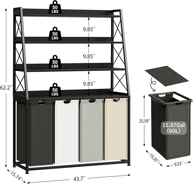 Herture Laundry Basket, 4 Section Laundry Hamper with 4 Tiers Shelf, Pull-Out and Removable Laundry Bags, Large 4 x 15.87 Gallons, for Laundry Room Bathroom Black PF12XLK