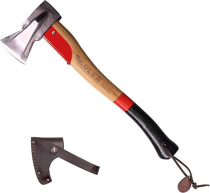 Adler - The Short Splitter, Hickory Wood, Leather Sheath, German Made, Anti-Slip Wood Splitting Axe, Head 2.7 pounds, Handle 19.6 inches
