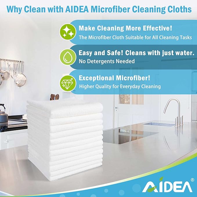 AIDEA Microfiber Cleaning Cloth White 50PK, Cleaning Rags, Lint Free Microfiber Towels, Kitchen Towels Dusting Cloth, Wash Cloths, Dish Rags White, 12"x 12"