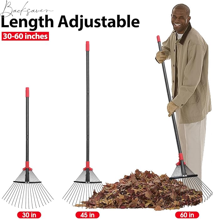 Rake, Adjustable Rakes for Leaves with 9”-17” Head, Rakes for Lawns Heavy Duty, 60 in Garden Rake with 18 Clog-Free Tines, Long Handle, Metal Gardening Tool, Fast Cleanup, Easy Carry for Camping