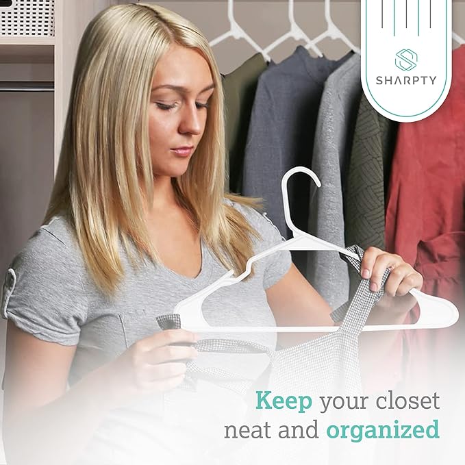 Sharpty Plastic Hangers Clothes Hangers for Clothing, Closet, Coats & Shirts - Notched, Durable, Space Saving - for Everyday Standard Use, Room Essentials & Basics - 50 Pack - White
