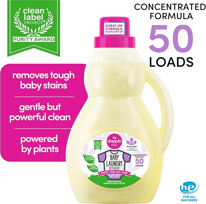 Dapple Baby Laundry Detergent, Powered by Plants, Concentrated, Hypoallergenic, Lavender, Stain Remover, 50 Fl Oz (2 Pack)