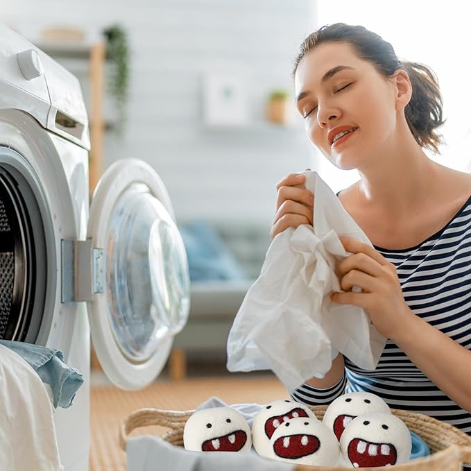 Soulchen 6 Pack Reusable Wool Dryer Balls with Cute Design, Laundry Accessories for Efficient Drying Soften Laundry Reduce Wrinkles Static Pet Hair Remover(Monster)