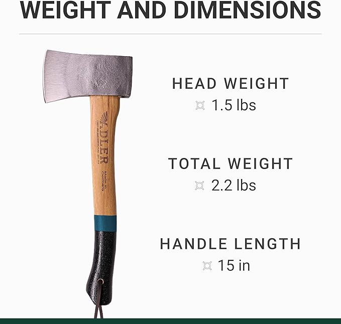Adler Yankee Hatchet - German made with a 15 inch handle coated in anti-slip black grip paint - 1.5 pound head weight. Spanish leather sheath and cotton storage bag included
