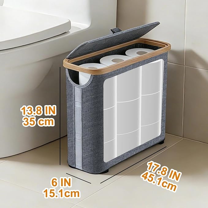 Toilet Paper Roll Storage, Bathroom Slim Toilet Paper Storage with Lid for 12 Rolls, Ultimate Bathroom Organizer with Anti-Slip Base, 17.8" x 6" x 13.8", Grey