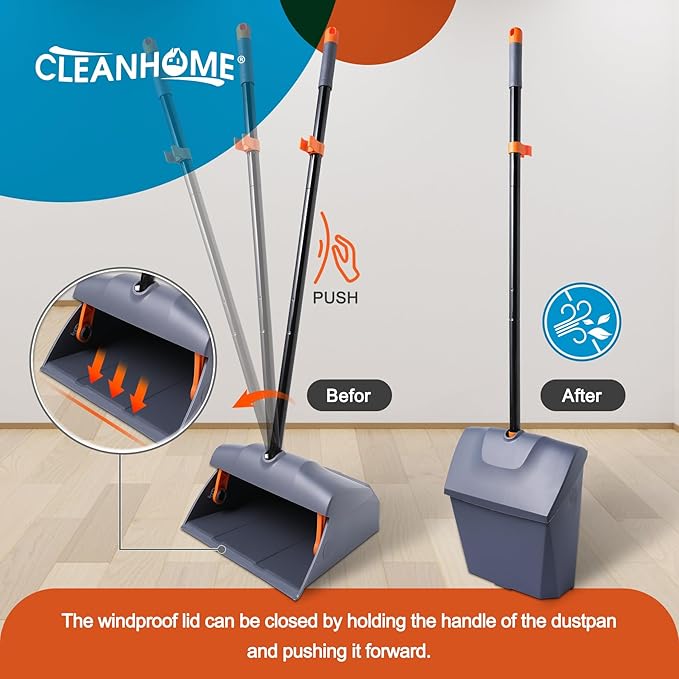 Heavy Duty Broom with Dustpan Combo Set Indoor and Outdoor Dual Purpose,Stiff Bristle Commercial Angle Broom and Standing Dust Pans with Long Handle for Sweeping Home,Kitchen,Yard,Grey