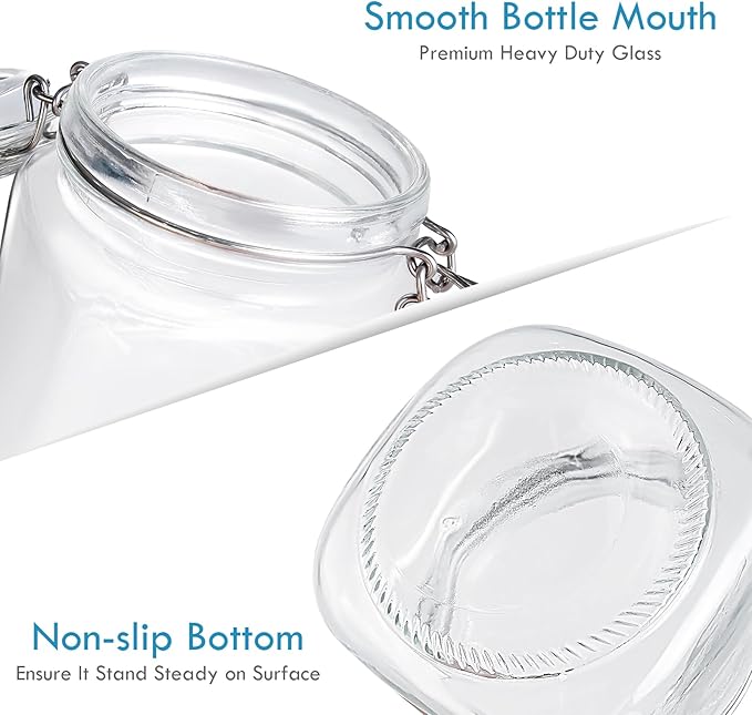 YEBODA 32oz Food Storage Canister Glass Jars with Clamp Airtight Lids and Silicone Gaskets for Multi-Purpose Kitchen Containers - Clear Square (3 Pack)